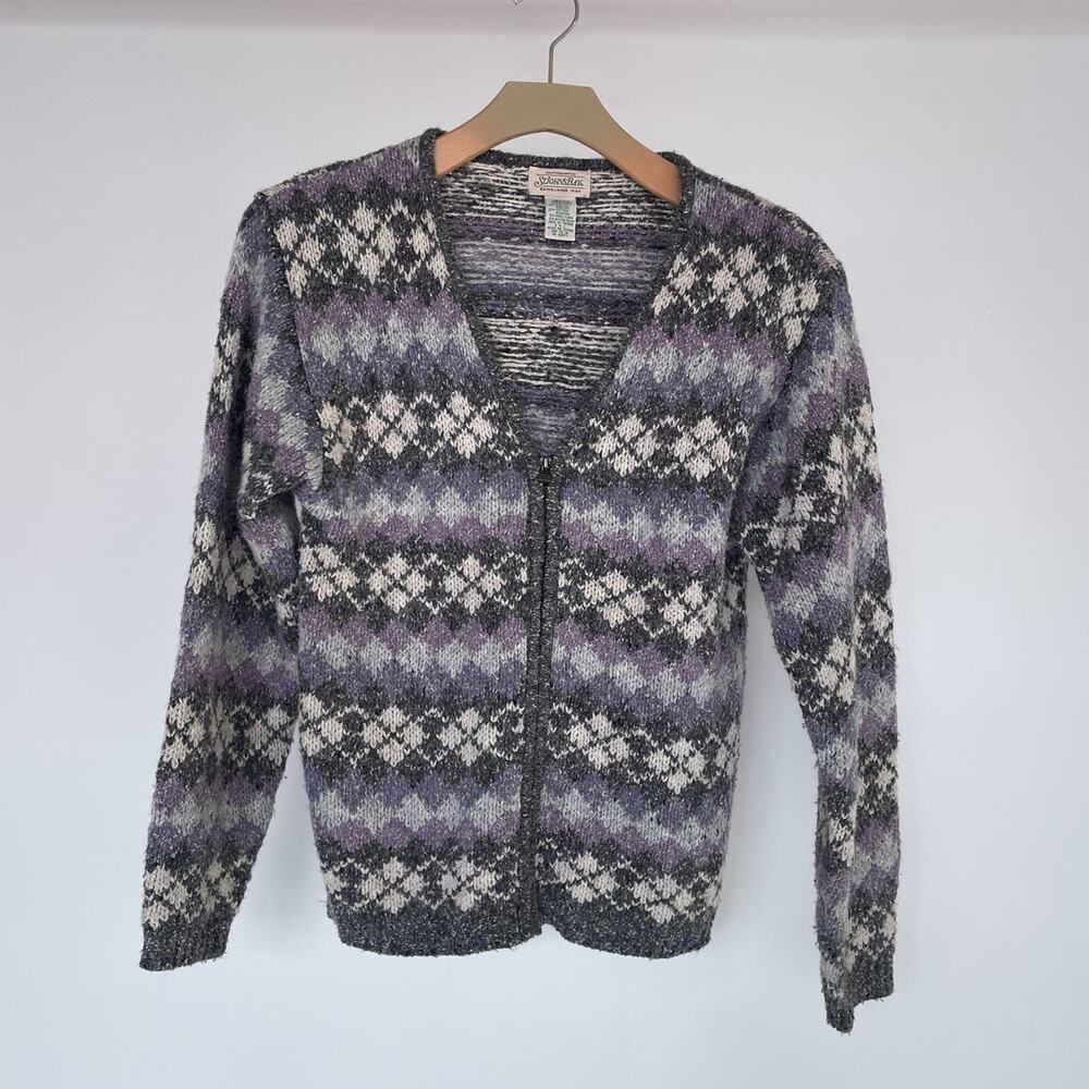 Vintage 90's Purple Argyle Knit Zip Up Cardigan Sweater / Sz M / St Johns Bay